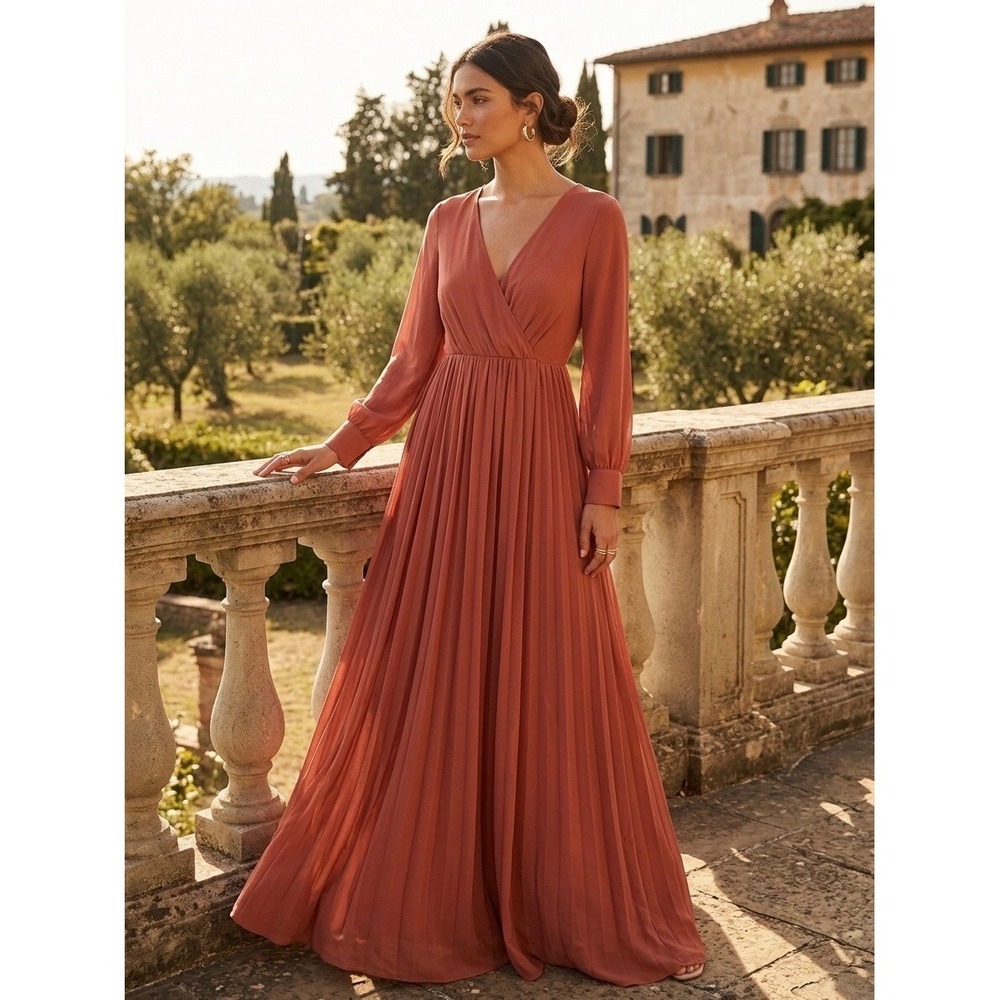 Baltic Born Lydia Maxi Dress Rust Terracotta Pleated Long Sleeve Gown Size M